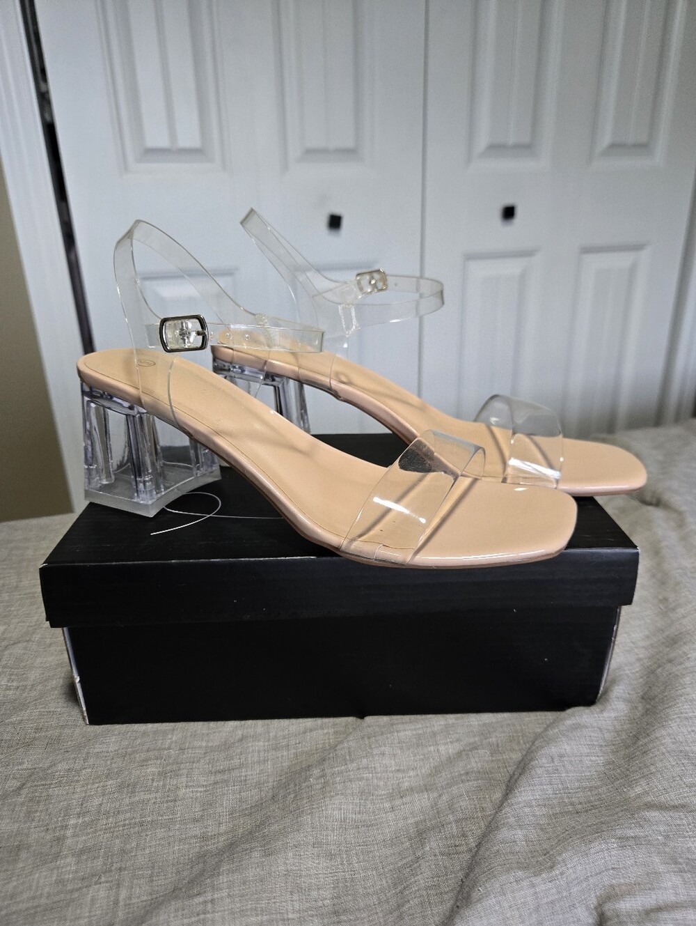 Clear Strap Nude Block Heel Sandals